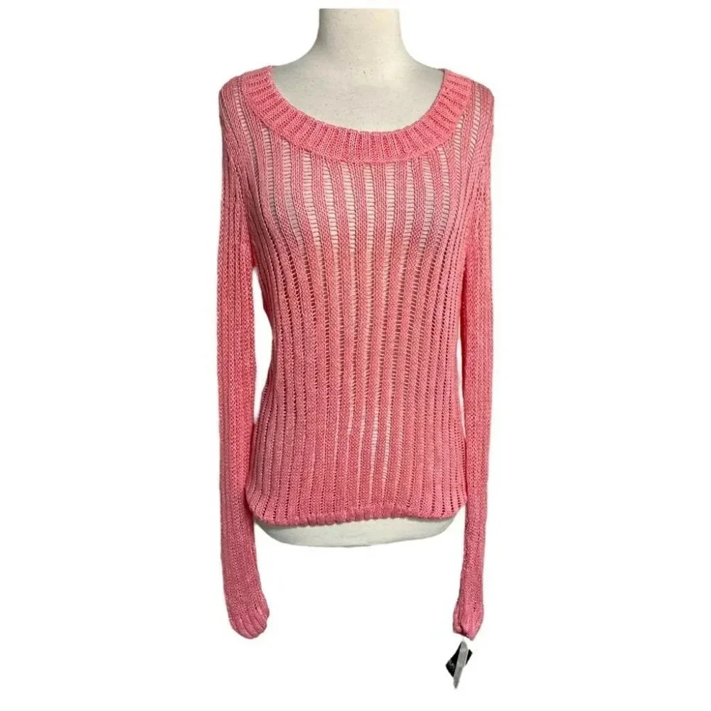 Buffalo David Bitton Pink Open Knit Sweater Casual Everyday Long Sleeve Mesh NEW